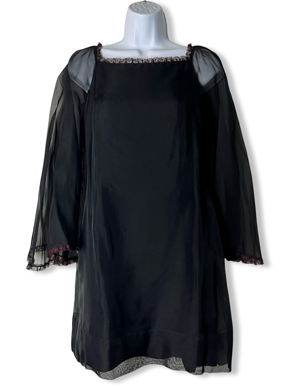 Vintage 60s Pixie California Sue Webb Black Sheer Lace Angel Sleeve Dress Sz 10